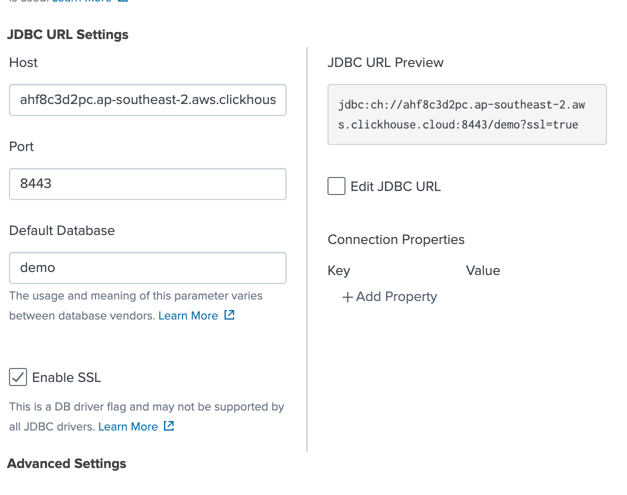 Страница настройки подключения Splunk к ClickHouse